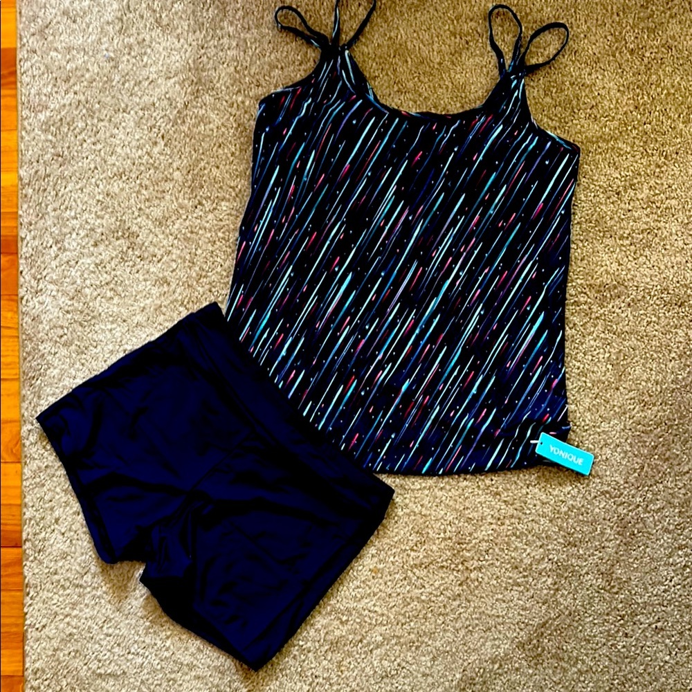Yonique Navy and multi color tankini with shorts